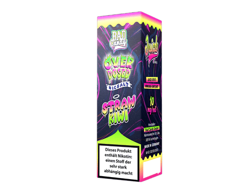 Farbenfrohe Verpackung eines Nikotinprodukts mit auffälligem Design, Marke "Bad Candy" und Geschmacksangabe "Straw Kiwi".