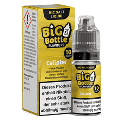 NIC Salt Liquid Big Bottle Calipter mit Vanille-Geschmack, 10 mg/ml, 10 ml Flasche für E-Zigaretten, in gelber Verpackung mit Warnhinweis und Nikotinstärke.