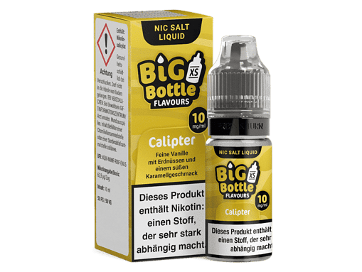 NIC Salt Liquid Big Bottle Calipter mit Vanille-Geschmack, 10 mg/ml, 10 ml Flasche für E-Zigaretten, in gelber Verpackung mit Warnhinweis und Nikotinstärke.