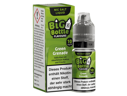 Frische NicSalt Liquid Big Bottle Green Grenade in grünem Verpackungsdesign, geeignet für E-Zigaretten und Dampfer.
