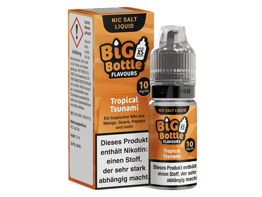 Aroma: tropischer Tsunami mit Mango, Guave und Papaya in Big Bottle Nic Salt Liquid Flasche.