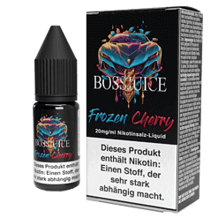 Hochwertiges Nikotinsalz-Liquid Boss Juice Frozen Cherry in 20mg/ml mit grafikintensivem Flaschen- und Verpackungsdesign, geeignet für E-Zigaretten, mit warnendem Hinweis.