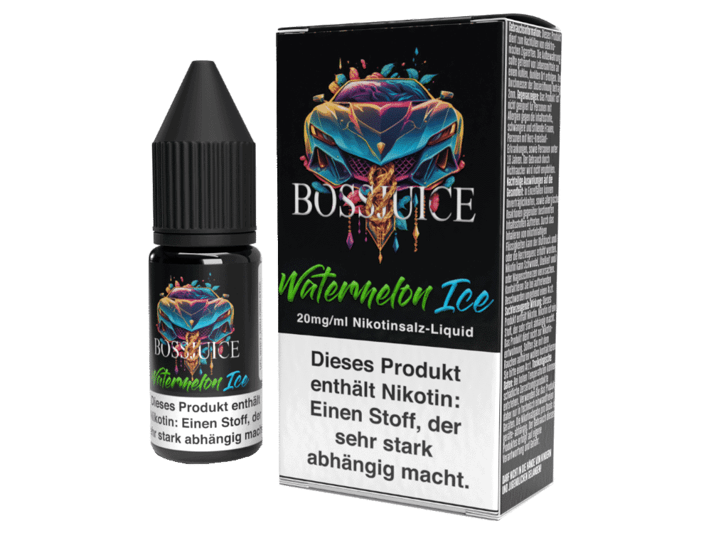 Boss Juice - Watermelon Ice - Nikotinsalz Liquid 1 BOSS JOICE Wassermelon Ice Nikotinsalz-Liquid, 20 mg/ml, in Flasche und Packung.
