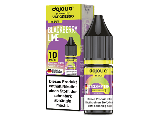 Nikotinfreies E-Liquid mit Geschmack von Brombeere und Limette, 10 ml Flasche, 10 mg/ml Nikotinsalz, perfekt für Dampfer, hergestellt in Deutschland.