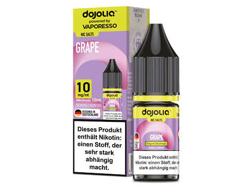 Vape-Flüssigkeit Doljolica Grape in 10 ml Flasche, mit 10mg/ml Nikotin, für E-Zigaretten, in Deutschland hergestellt.