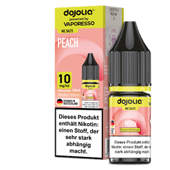 Peach Dojolic Nikotinsalz, 10 ml, in Tropfflasche mit Dosierspitze, für E-Zigaretten, 10 mg/ml Nikotingehalt, 50/50 PG/VG, in silberner Flasche mit pinkem Etikett.