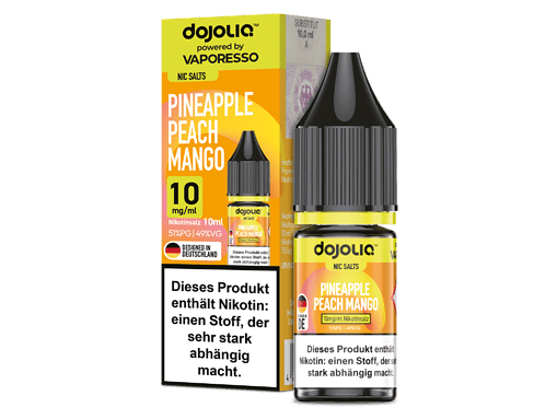 Nikotinsalz Liquid, Ananas Peach Mango Geschmack, 10mg/ml, für E-Zigaretten, 10 ml Flasche, in Deutschland hergestellt.