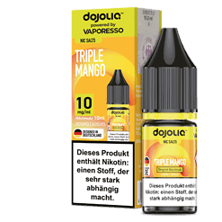 Himbeer Mango Liquids for Vaping in bright yellow packaging, 10ml bottle, nicotine salt formula, 10 mg/ml, Doppelpack, Designed in Deutschland.