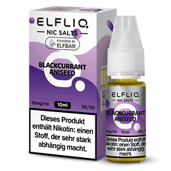 ELFLIQ Blackcurrant Aniseed Nikotinliquid Flasche und Verpackung, 10ml, pflegt, unterstützt Raucherentwöhnung, mit Nikotingehalt.