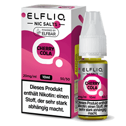 Leere Flasche und Verpackung für ELFLIQ Nic Salts Cherry Cola, E-Liquid, 10ml, 20mg/ml, Nikotin, E-Zigaretten-Vape, Aroma, Liquid, empfohlen für E-Zigaretten.