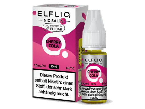 Leere Flasche und Verpackung für ELFLIQ Nic Salts Cherry Cola, E-Liquid, 10ml, 20mg/ml, Nikotin, E-Zigaretten-Vape, Aroma, Liquid, empfohlen für E-Zigaretten.