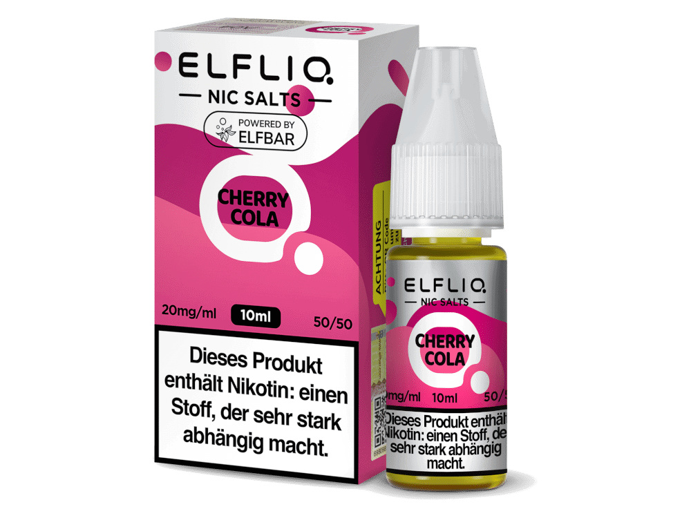 ELFLIQ - Cherry Cola - Nikotinsalz Liquid 1 Leere Flasche und Verpackung für ELFLIQ Nic Salts Cherry Cola, E-Liquid, 10ml, 20mg/ml, Nikotin, E-Zigaretten-Vape, Aroma, Liquid, empfohlen für E-Zigaretten.