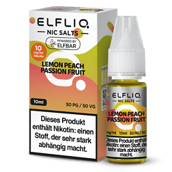 Droppe mit Liquid und Verpackung mit Produktdesign_ELFLIQ_NIC_SALTS_LEMON_PEACH_PASSION_FRUIT.jpg.
