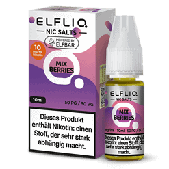 Elflio Nic Salt Flasche und Verpackung mit Beerenmix, Nikotinstärke 10mg/ml, 10ml Flasche, für E-Zigaretten.