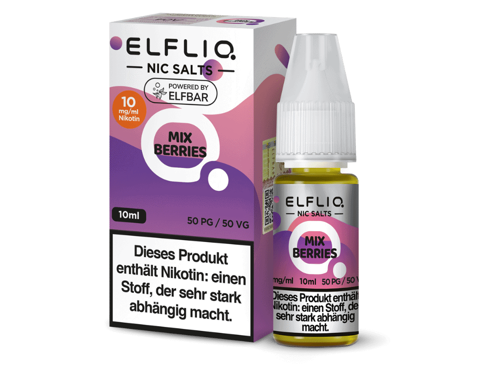 ELFLIQ - Mix Berries - Nikotinsalz Liquid 1 Elflio Nic Salt Flasche und Verpackung mit Beerenmix, Nikotinstärke 10mg/ml, 10ml Flasche, für E-Zigaretten.