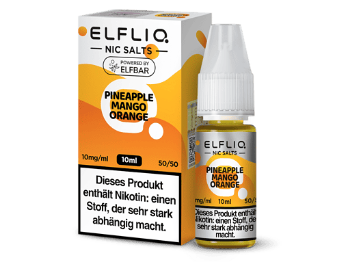 E-Liquid Flasche mit Geschmack Pineapple Mango Orange, 10 ml, nikotinhaltig, für E-Zigaretten, fruchtiges Aroma.