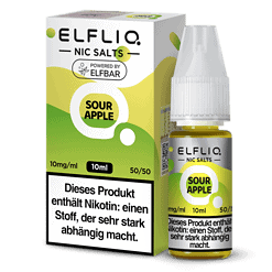 Elflio Nic Salts Sour Apple 10ml Flasche und Verpackung, Nikotin-Salz für E-Zigaretten, Geschmack: saure Apfel, intense Nikotin-Entfaltung, hochwertiges Vape-Produkt, für dampfende Genießer.
