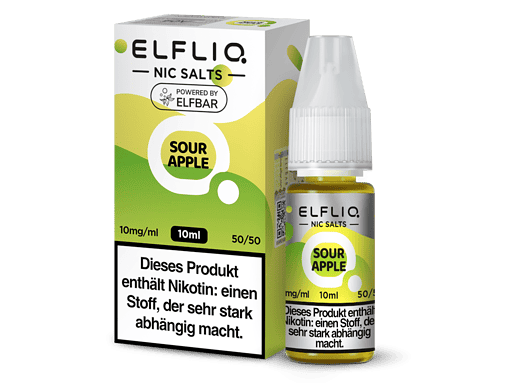 Elflio Nic Salts Sour Apple 10ml Flasche und Verpackung, Nikotin-Salz für E-Zigaretten, Geschmack: saure Apfel, intense Nikotin-Entfaltung, hochwertiges Vape-Produkt, für dampfende Genießer.