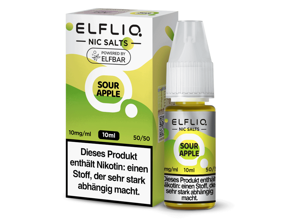 ELFLIQ - Sour Apple - Nikotinsalz Liquid 1 Elflio Nic Salts Sour Apple 10ml Flasche und Verpackung, Nikotin-Salz für E-Zigaretten, Geschmack: saure Apfel, intense Nikotin-Entfaltung, hochwertiges Vape-Produkt, für dampfende Genießer.