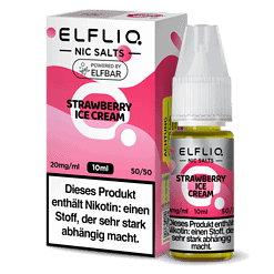 ELFLIQ NIC SALTS Erdbeereiscreme E-Liquid Flasche und Verpackung, 10 ml, mit Nikotin, für E-Zigaretten, pinkes Design, fruchtiges Aroma, Handhabungshinweis, geeignet für Dampfer.