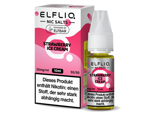 ELFLIQ NIC SALTS Erdbeereiscreme E-Liquid Flasche und Verpackung, 10 ml, mit Nikotin, für E-Zigaretten, pinkes Design, fruchtiges Aroma, Handhabungshinweis, geeignet für Dampfer.