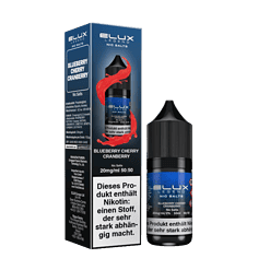 Leere Blueberry Cherry Cranberry Nic Salt Flasche neben Verpackung, E-Liquid für E-Zigaretten, 20 mg/ml, 50/50, hoher Nikotingehalt, für intensiven Geschmack.