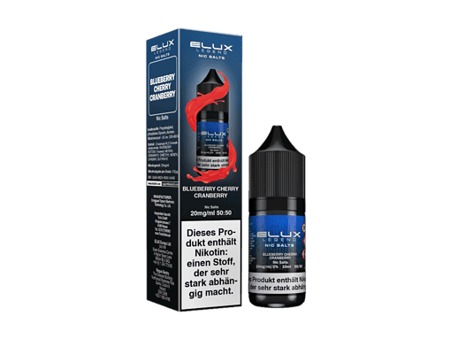 Leere Blueberry Cherry Cranberry Nic Salt Flasche neben Verpackung, E-Liquid für E-Zigaretten, 20 mg/ml, 50/50, hoher Nikotingehalt, für intensiven Geschmack.