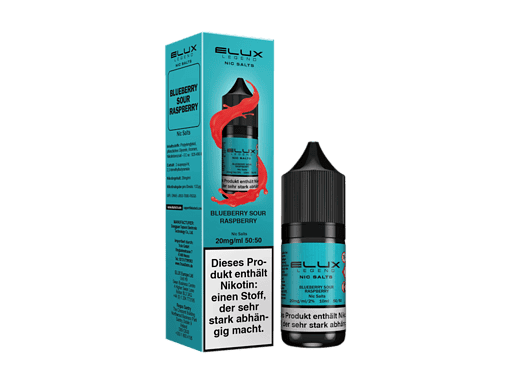 Blaues E-Liquid Fläschchen mit Blaubeer-Sour Raspberry Geschmack und passender Packung im hellblauen Hintergrund.