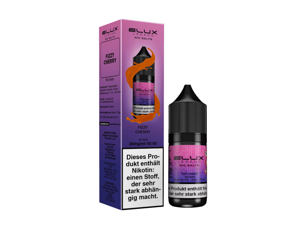 Elux Fizzy Cherry Nikotinsalz Liquid 1 Elbux legend nik salts fizz cherry nikotin salz produkt verpackung und flasche, e-liquid für vaping, pink und violett design, zusammen mit der Dose, für intensive Aromen und nikotin Genuss, hochwertiges Produkt aus Deutschland, 20 mg/ml, 50:50 Mischungsverhältnis, für Dampfer geeignet, Produktbeschreibung, E-Liquid mit Nikotinsalz, für das Dampferlebnis der Extraklasse.