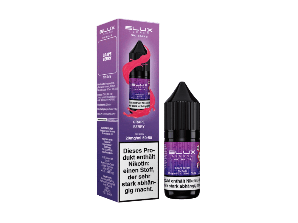 Elux Grape Berry Nikotinsalz Liquid 1 Elux Legend Nic Salts Grape Berry, 20mg/ml, 10ml Flasche, Nikotinsalz für intensiven Geschmack und starke Abhängigkeit, ideal für E-Zigaretten.