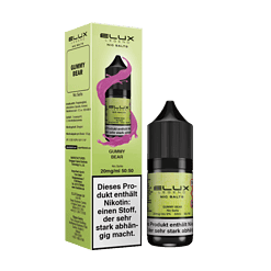 Gummibär Nic Salze Flasche neben Verpackung, grünes Design, Elux Legend Gummy Bear Produkt, Aroma für E-Zigaretten, 20mg/ml, 10ml, 50/50 VG/PG, Nikotin-Salz.