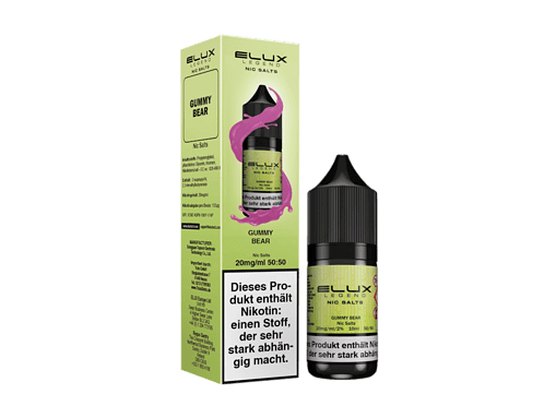 Gummibär Nic Salze Flasche neben Verpackung, grünes Design, Elux Legend Gummy Bear Produkt, Aroma für E-Zigaretten, 20mg/ml, 10ml, 50/50 VG/PG, Nikotin-Salz.