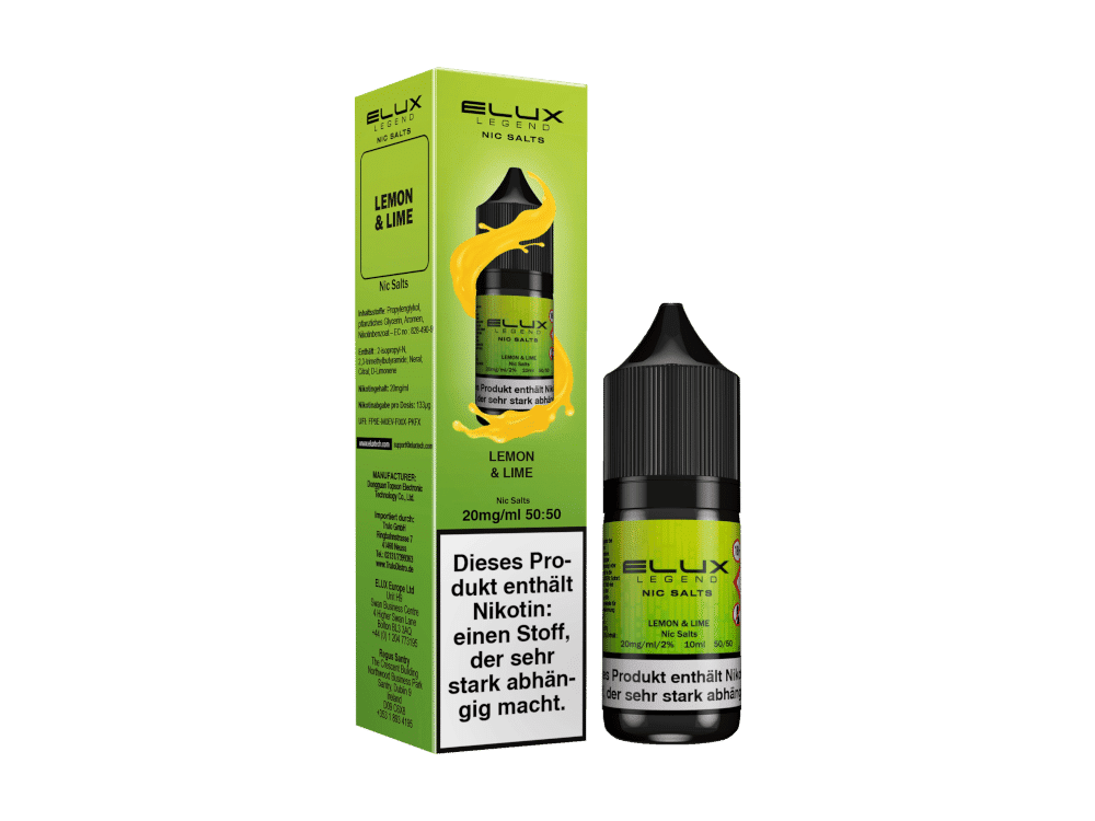 Elux Lemon & Lime Nikotinsalz Liquid 1 Leux Legend Nic Salts Lemon & Lime E-Liquid Flasche und Verpackung, ideal für Dampfer, mit frischer Zitrusnote und hoher Nikotinkonzentration.