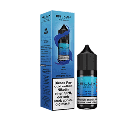 Gefahrstoff-Produkt ELUX Legend Mr. Blue Nikotinsalz, 10ml Flasche und Verpackung, blauer E-Liquid-Spray für E-Zigaretten.