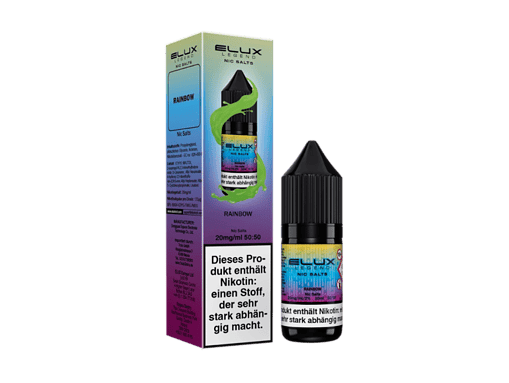 Bunte E-Liquid Flasche und Verpackung für E-Zigaretten, Rainbow-Design, 20mg/ml Nikotin, 50/50 Mischung.