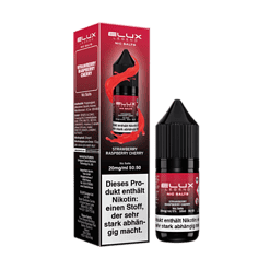 Kleine Flasche E-Liquid mit Erdbeer-Raspberry-Cherry-Geschmack, in schwarzem Behälter mit rotem Label.