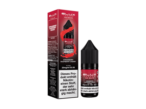 Kleine Flasche E-Liquid mit Erdbeer-Raspberry-Cherry-Geschmack, in schwarzem Behälter mit rotem Label.