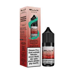 Atemberaubendes Produktbild eines E-Liquid-Fläschchens mit Verpackung, Geschmack: Erdbeere-Wassermelone, für E-Zigaretten, inklusive Warnhinweis auf Nikotinabhängigkeit.