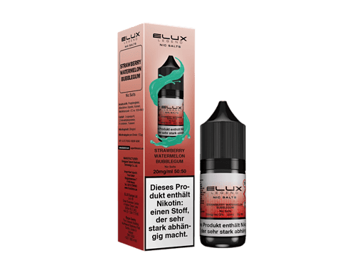 Atemberaubendes Produktbild eines E-Liquid-Fläschchens mit Verpackung, Geschmack: Erdbeere-Wassermelone, für E-Zigaretten, inklusive Warnhinweis auf Nikotinabhängigkeit.