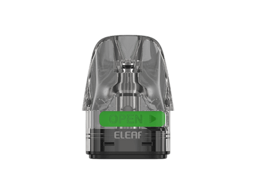 Vape Pod mit transparentem Gehäuse und grünem "OPEN"-Button gegen dunklen Hintergrund.