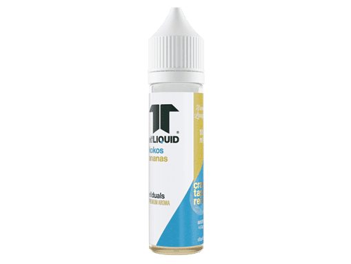 Kleiner Flasche E-Liquid mit Geschmack nach Kokos und Bananen, ideal für Vape-Dampfer, in weißem Behälter mit braunem Verschluss, aromatischer Genuss für E-Zigaretten-Liebhaber.