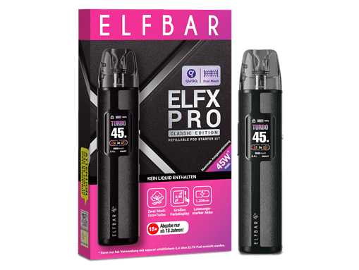 ELFBAR ELF-X PRO Classic Edition Vape Pod Starter Kit, kabelloser, wiederverwendbarer Verdampfer, großer Farbdisplay, leistungsstarker Akku, 45W, ohne Flüssigkeit, für Erwachsene ab 18 Jahren.
