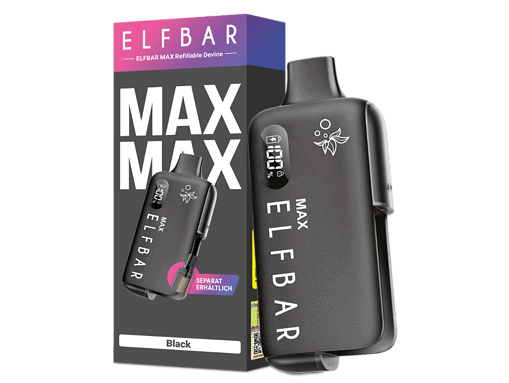 ELFBAR MAX wiederbefüllbares Vape-Gerät, Schwarz, digitales Display, einfache Handhabung, E-Zigarette für Dampfer, langlebig, modern, in attraktiver Verpackung für E-Zigaretten-Liebhaber.