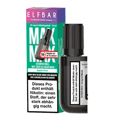 Akkuträger für E-Zigaretten, kompatibel mit ELFBAR MAX, 10 ml, 20 mg/ml Nikotingehalt, in der Geschmacksrichtung Apple Pear, mit schwarzen Design und Kappen, ideal für Dampfer.