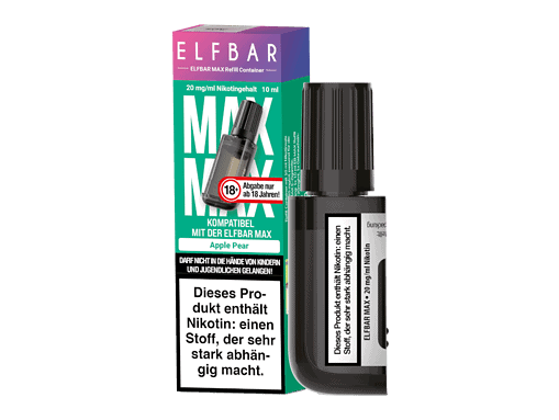 Akkuträger für E-Zigaretten, kompatibel mit ELFBAR MAX, 10 ml, 20 mg/ml Nikotingehalt, in der Geschmacksrichtung Apple Pear, mit schwarzen Design und Kappen, ideal für Dampfer.