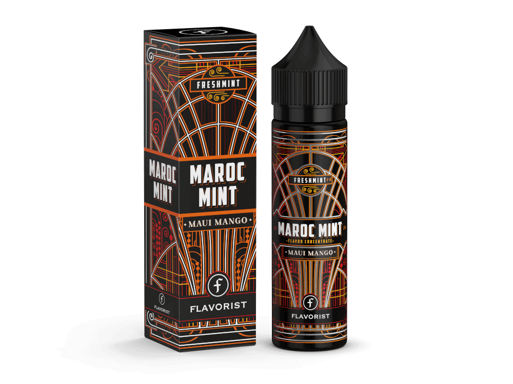 Flavorist - Aroma Maroc Mint - Maui Mango 10ml 1 Marok Munt E-Liquid Flasche und Verpackung mit marokkanischem Design, Mango-Geschmack, für Vaping, perfekt für Shisha, Aromakonzentrate, exklusiv bei LETZ Go.