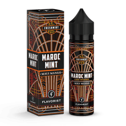 Maroc Mint Aroma Flasche und Verpackung mit marokkanischen Mustern in Schwarz, Orange und Rot.