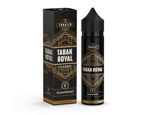 Tabak royal classic liquidflasche mit flavorist etikett, schwarzes design, für E-Zigaretten und Dampfen, hochwertiges Aroma, sorgfältig verpackt.