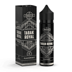 TABAK ROYAL Dark E-Liquid, 10ml, mit nikotinfreiem Geschmack, ideal für E-Zigaretten, auf schwarzem Hintergrund.