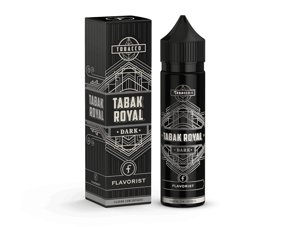 Flavorist - Aroma Tabak Royal - Dark 10ml 1 TABAK ROYAL Dark E-Liquid, 10ml, mit nikotinfreiem Geschmack, ideal für E-Zigaretten, auf schwarzem Hintergrund.